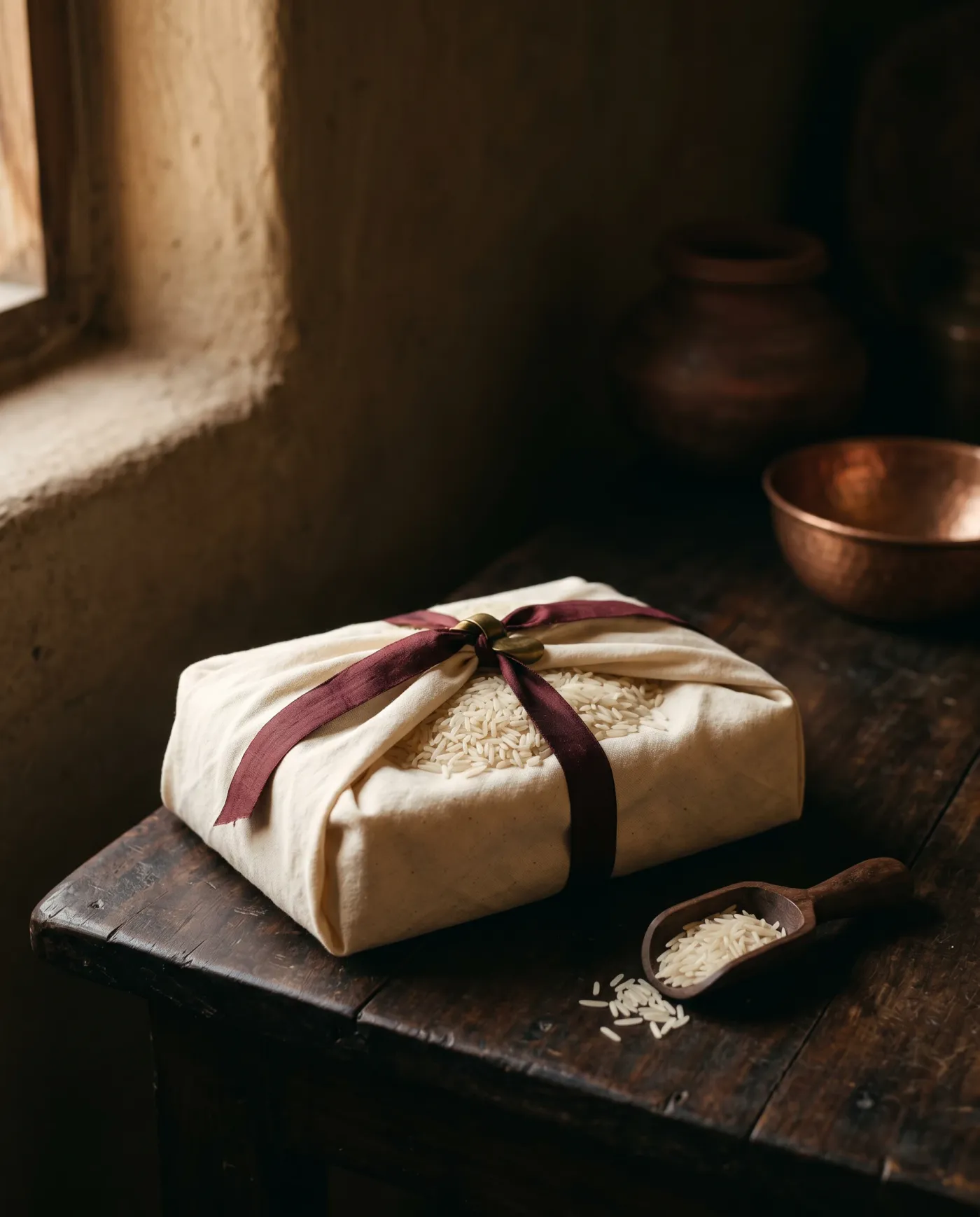 A cloth-wrapped gift of premium rice tied with a deep oxblood ribbon