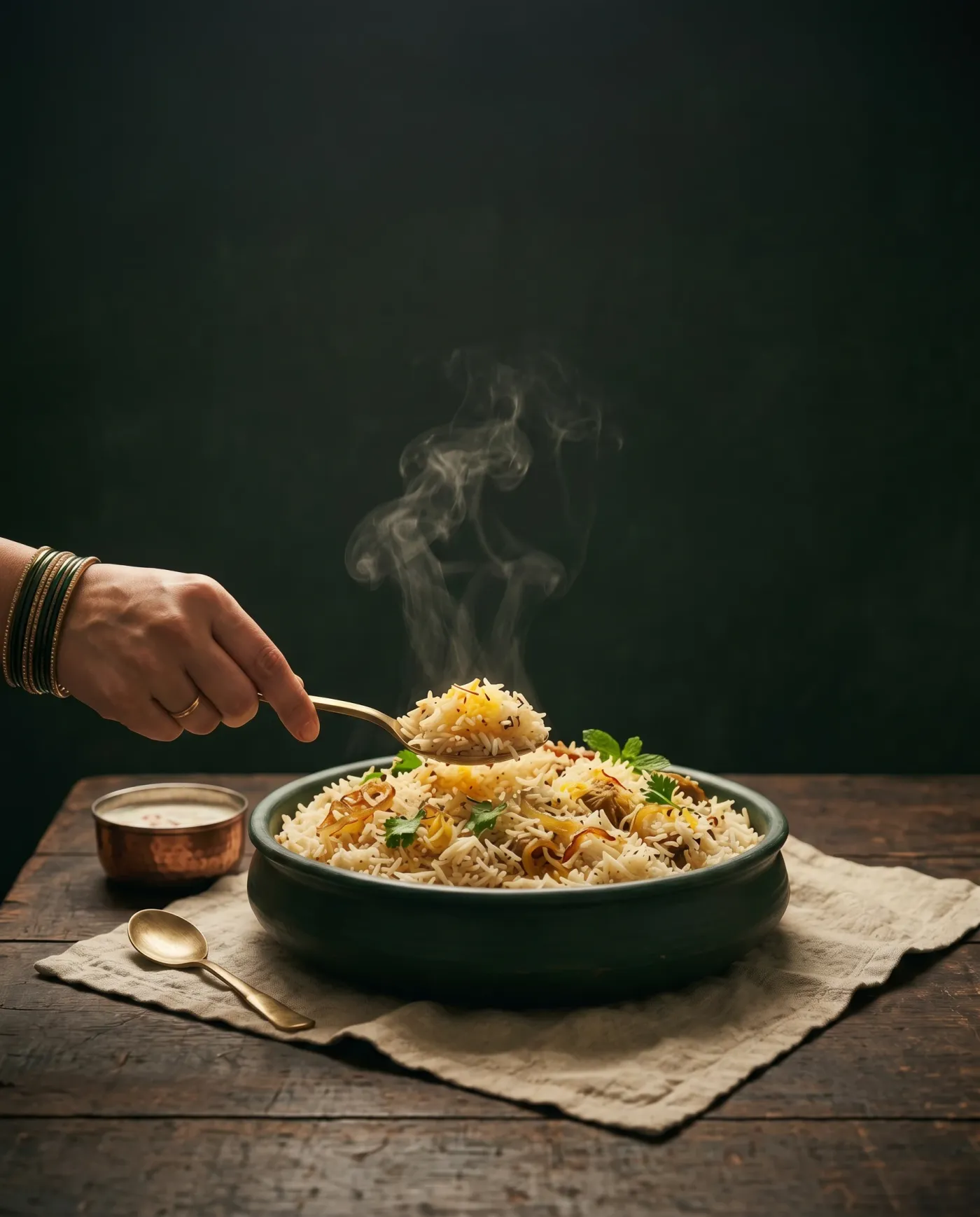 Biryani served from a dark handi at a Lahore table, a bangled hand spooning the rice