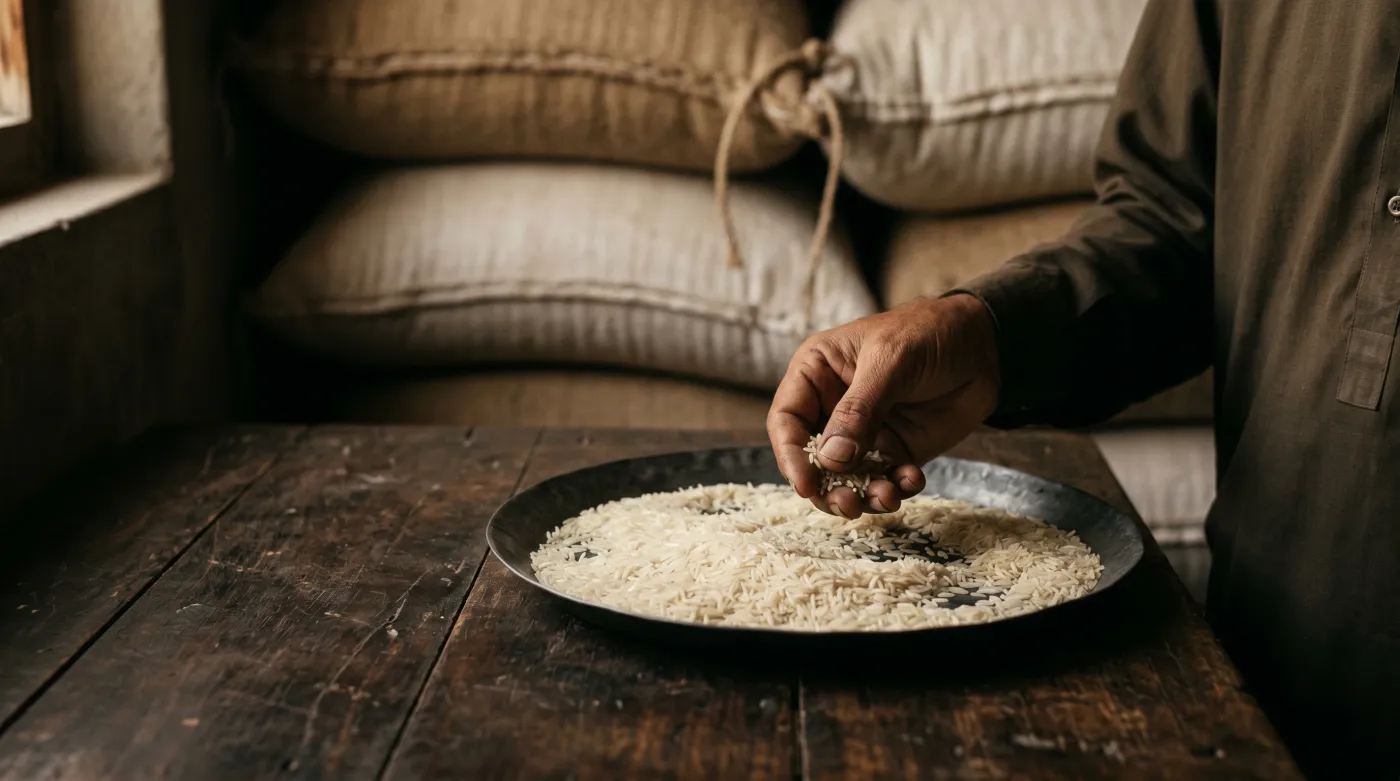 A hand assessing basmati on a tray during inspection, supply sacks behind